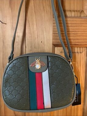 Olive Green Crossbody Bag with Bee Emblem